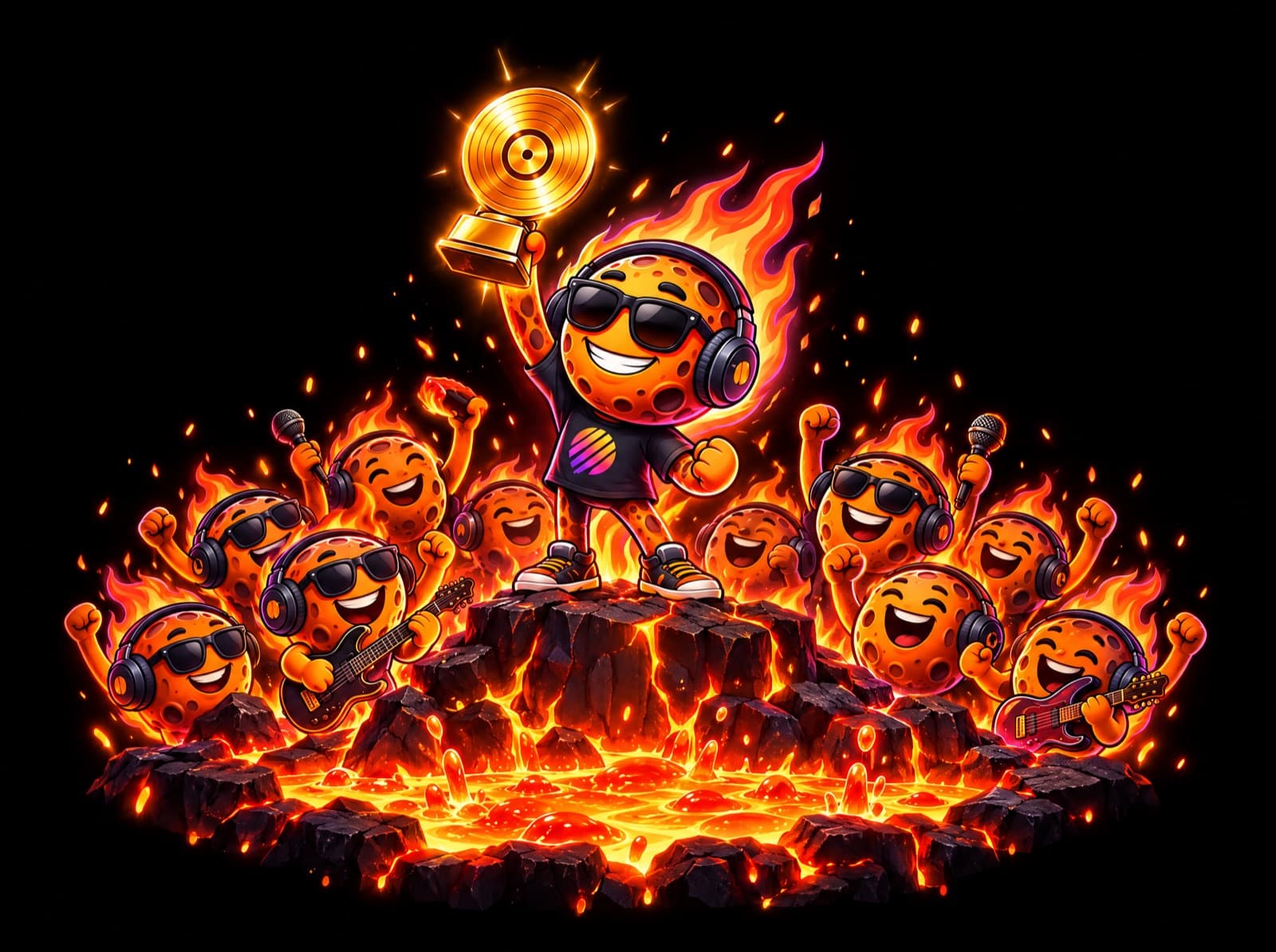 The TrackClash mascot lifting a golden record trophy over a cheering crowd of meteor musicians at the rim of a lava pool